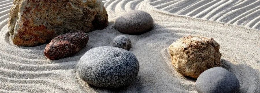 A raked-sand Zen rock garden