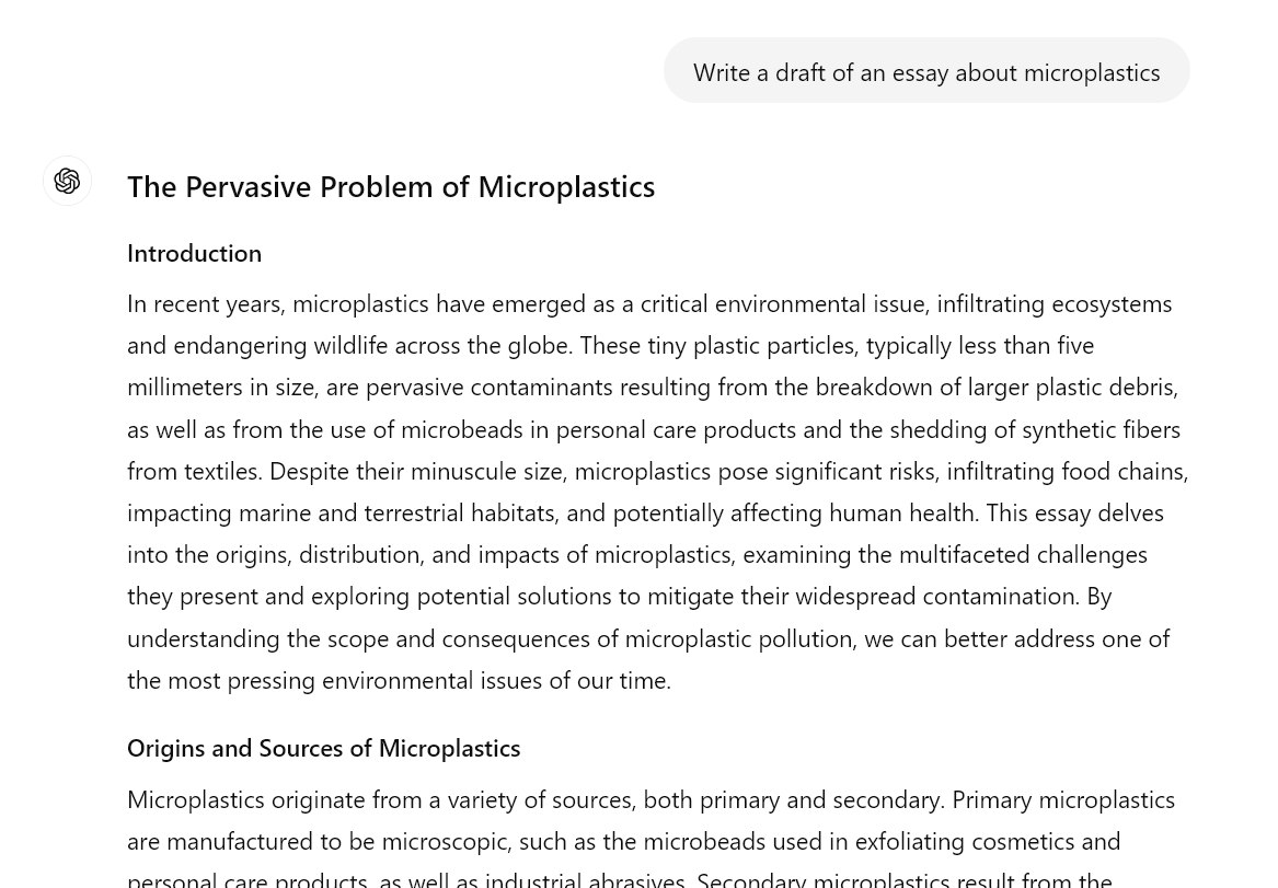 A ChatGPT conversation screenshot: a prompt asking for an essay draft, and the essay it produced