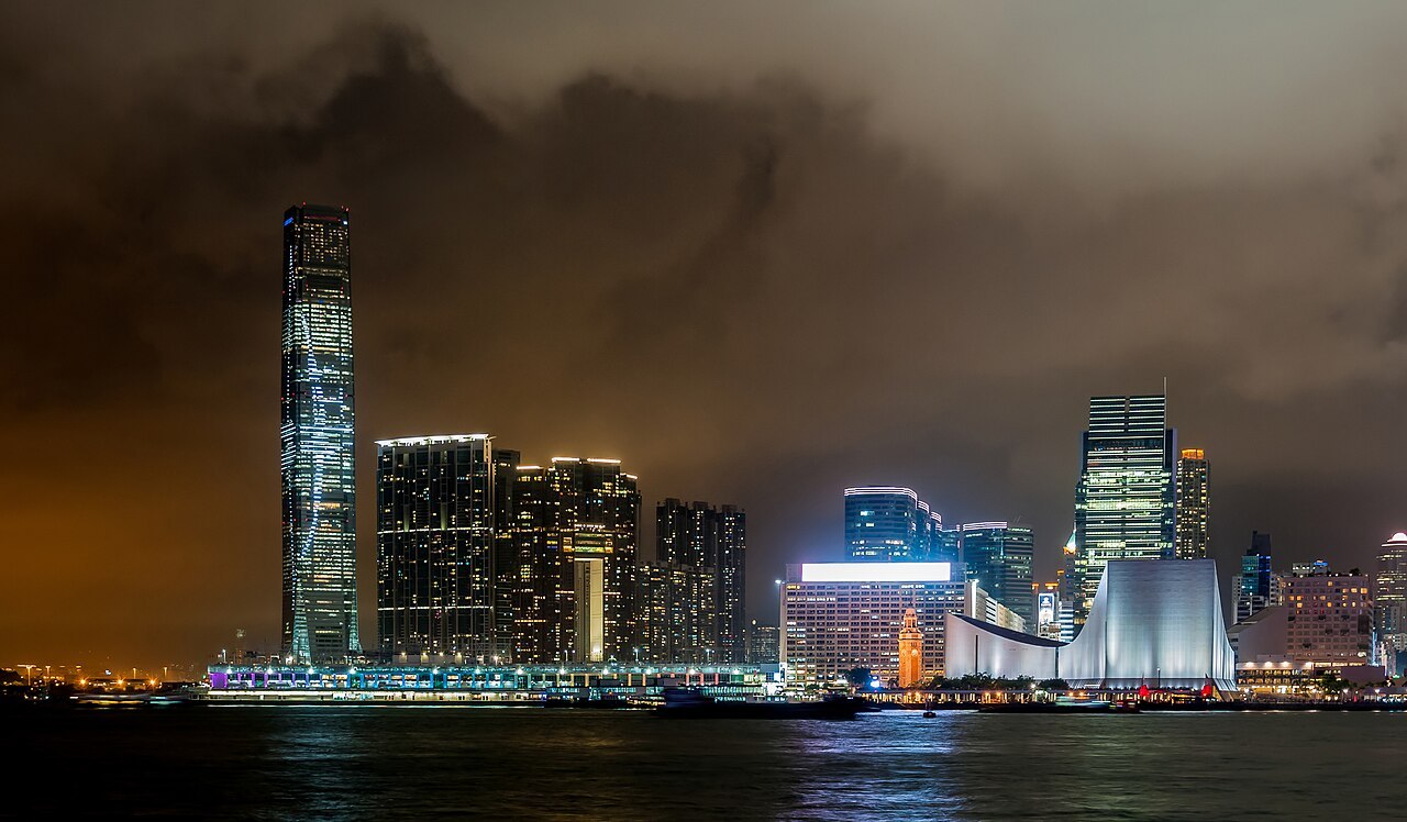 The International Commerce Centre tower above Victoria Harbour, Hong Kong